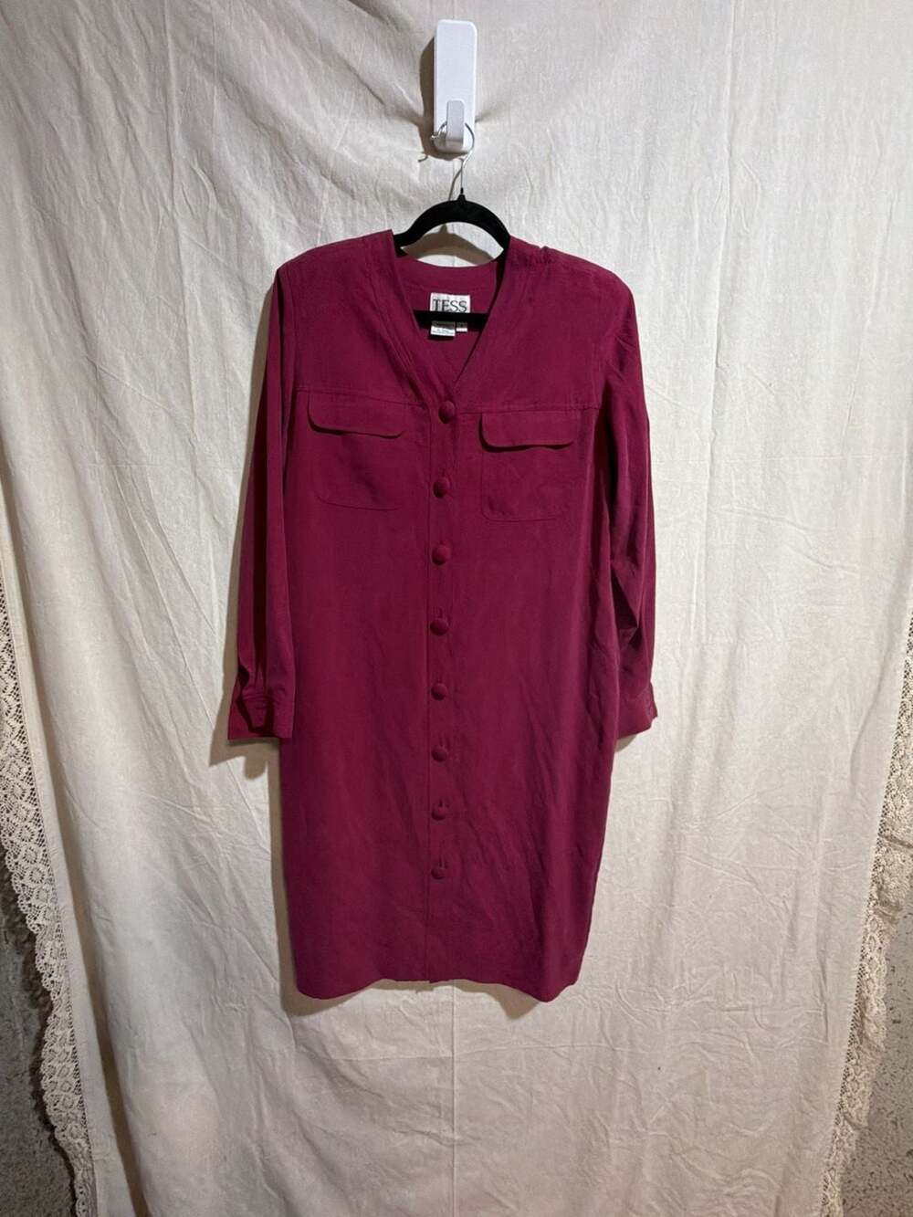 TESS 100% Silk Button-Down Long Sleeve Shirt Dress in Burgundy